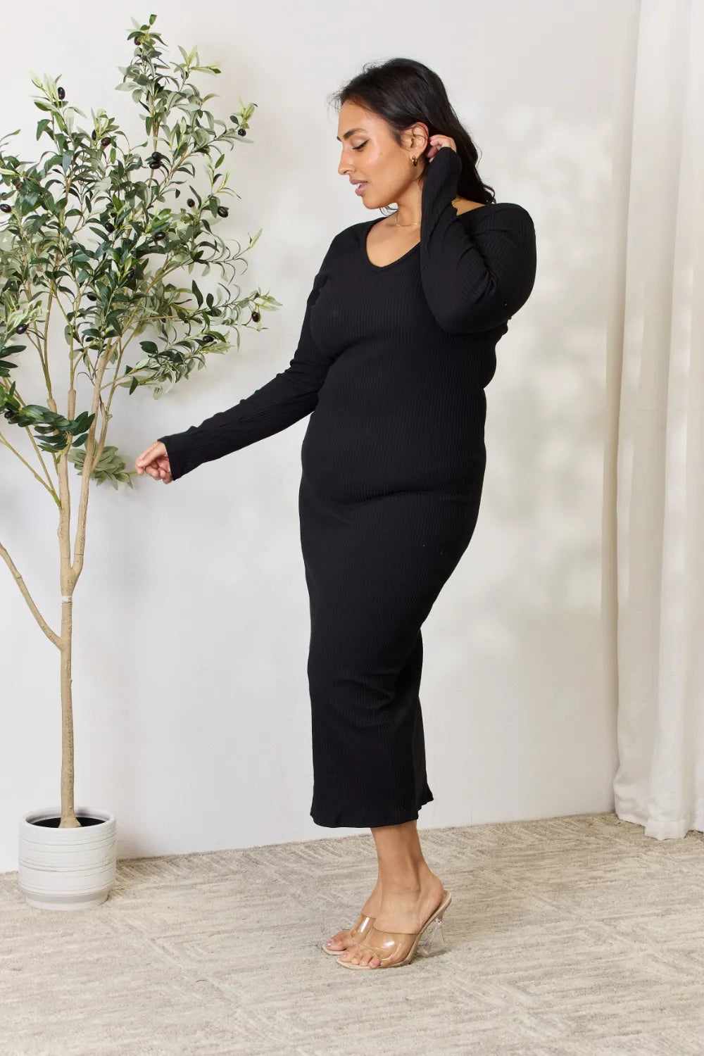 Full Size Ribbed Long Sleeve Midi Slit Dress in Black - product view 4