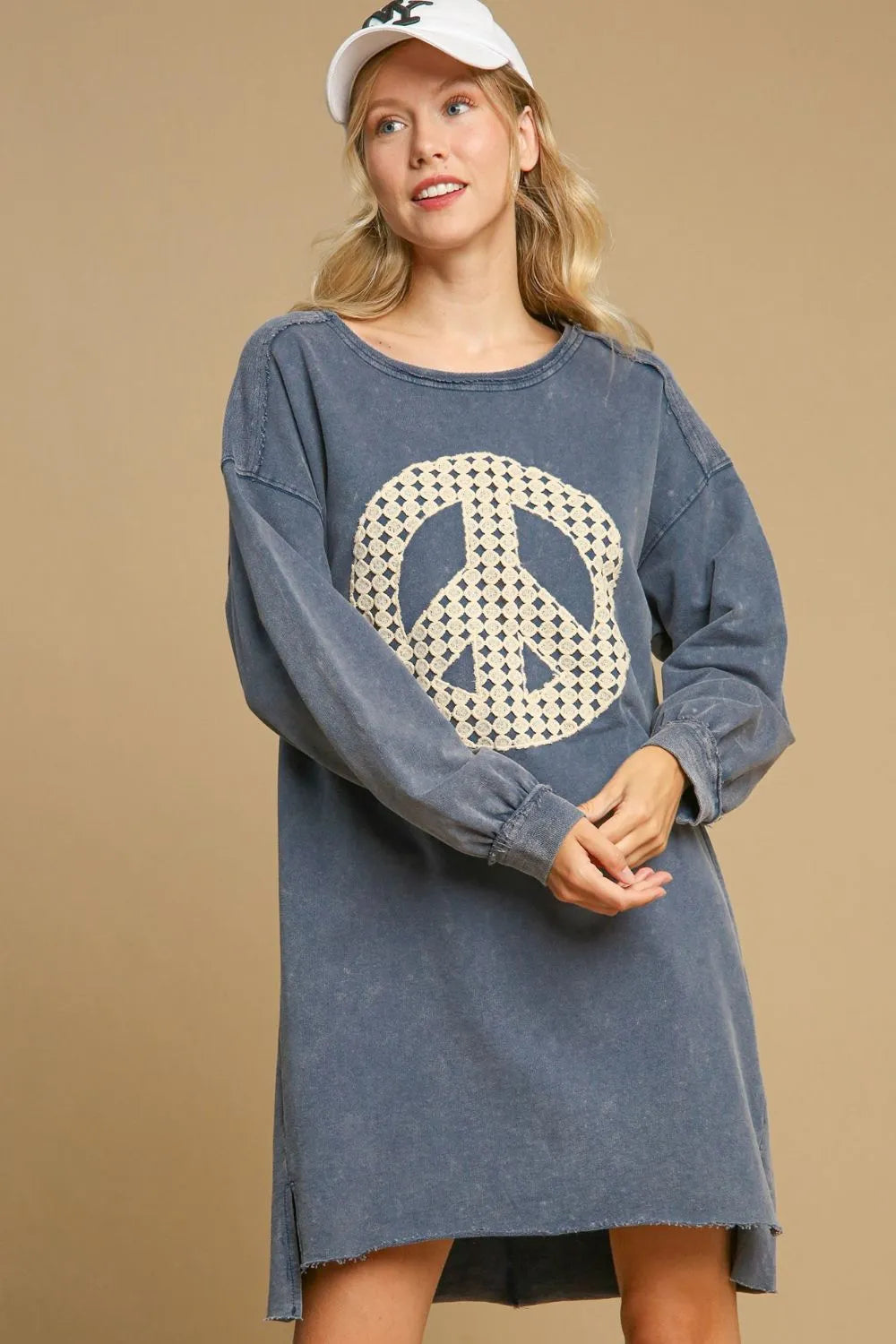 Peace Lace Applique Frayed Hem French Terry Mini Dress in Dusty Blue - product view 1