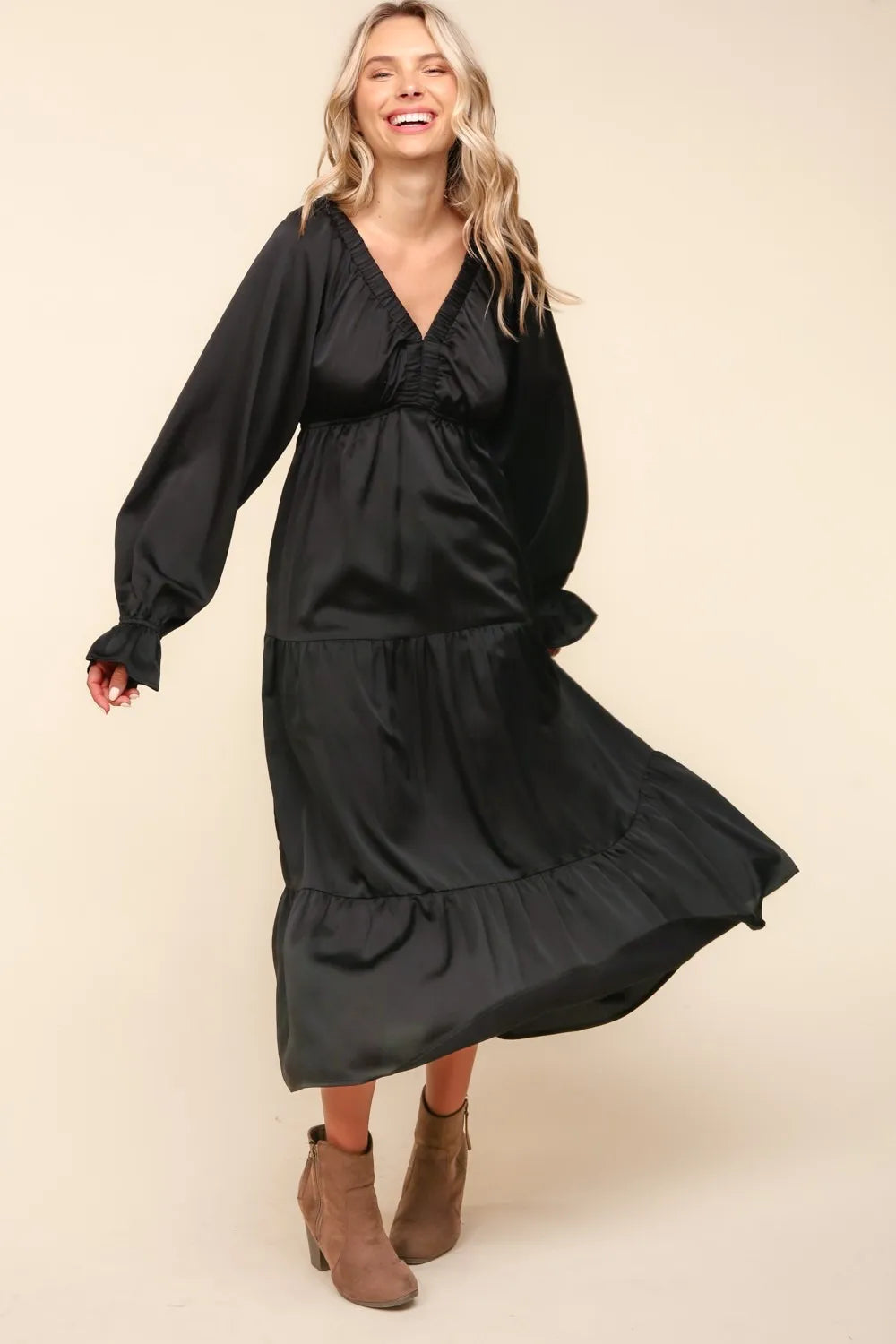 Flounce Sleeve Tiered Midi Dress with Pockets in Black - product view 4