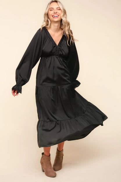 Flounce Sleeve Tiered Midi Dress with Pockets in Black - product view 4