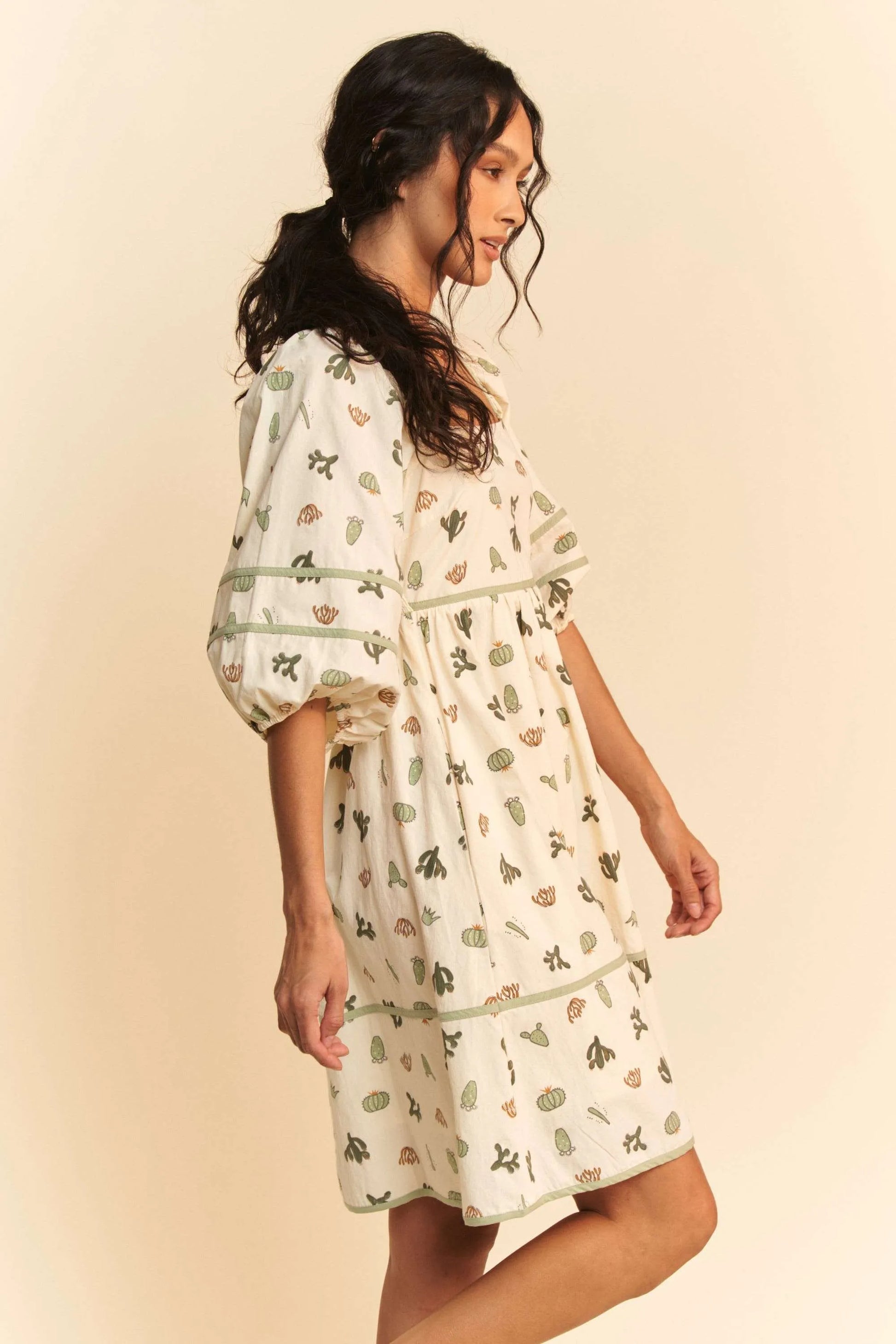 Cactus Printed Poplin Contrast Piping Mini Dress in Cream/Green - product view 6