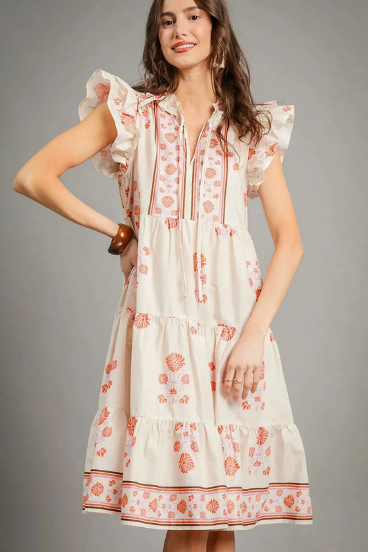 Printed Tie Neck Ruffle Cap Sleeve Dress in Burnt Coral - product view 2