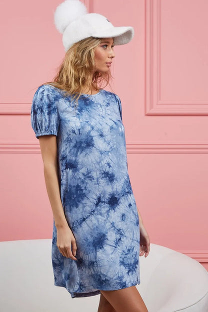 Puff Sleeve With Side Pockets Tie Dye Dress - Navy - product view 9