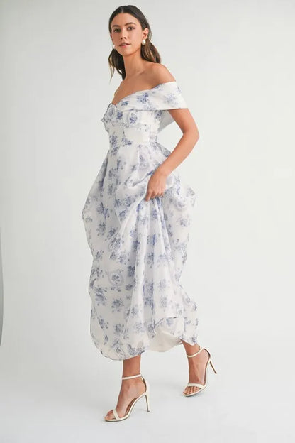 Floral Printed Off Shoulder Maxi Dress in Blue - product view 9