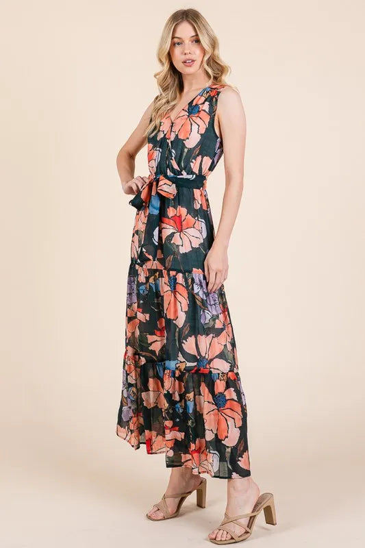 Floral Print Sleeveless Tie Waist Maxi Dress in Multi - product view 4
