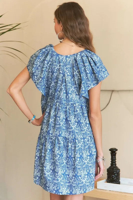 Printed V-Neck Ruffle Sleeve Mini Dress in Denim Blue - product view 4