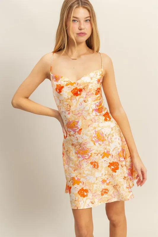 Floral Cowl Neck Flirty Satin Mini Dress - Orange - product view 1