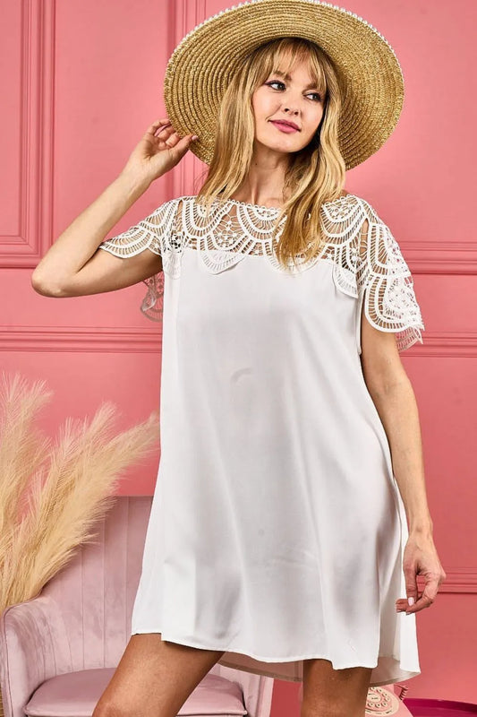 Crochet Lace Yoke Detailed Wrinkled Dress - Ivory - product view 1