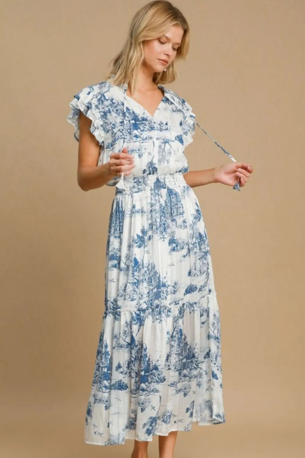 Full Size Two Tone Landscape Print Midi Dress Plus Size - Sky Blue - product view 1