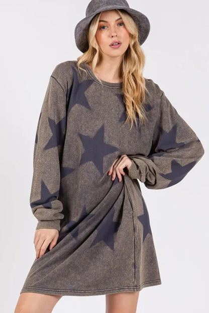 Washed Star Print Round Neck Dress in Dark Gray - product view 4