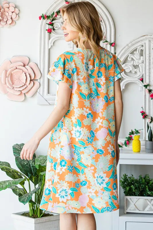 Full Size Ruffled Short Sleeve Floral Mini Dress Plus Size in Orange - product view 13