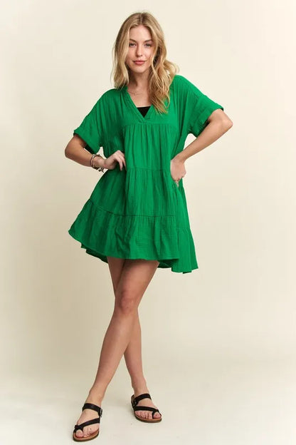 Tiered Notched Short Sleeve Dress - Green - product view 3