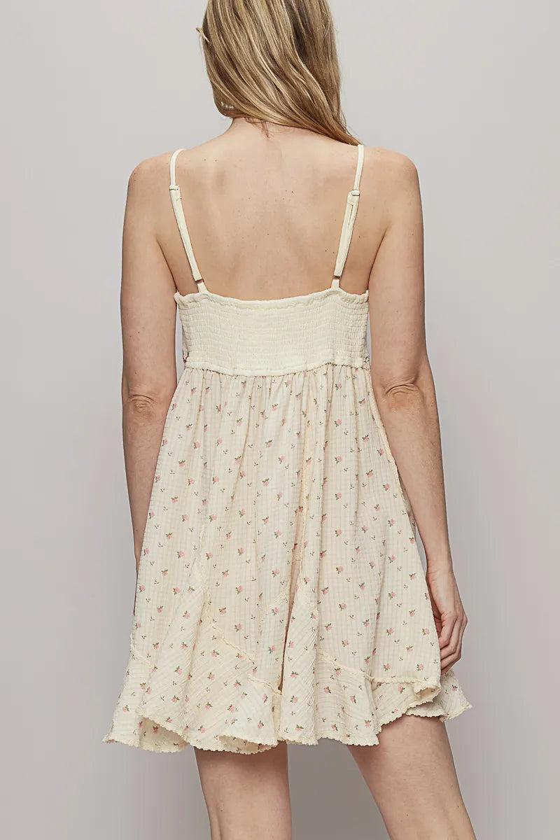 Ruffled Hem Floral Print Cami Mini Dress in Cream - product view 4