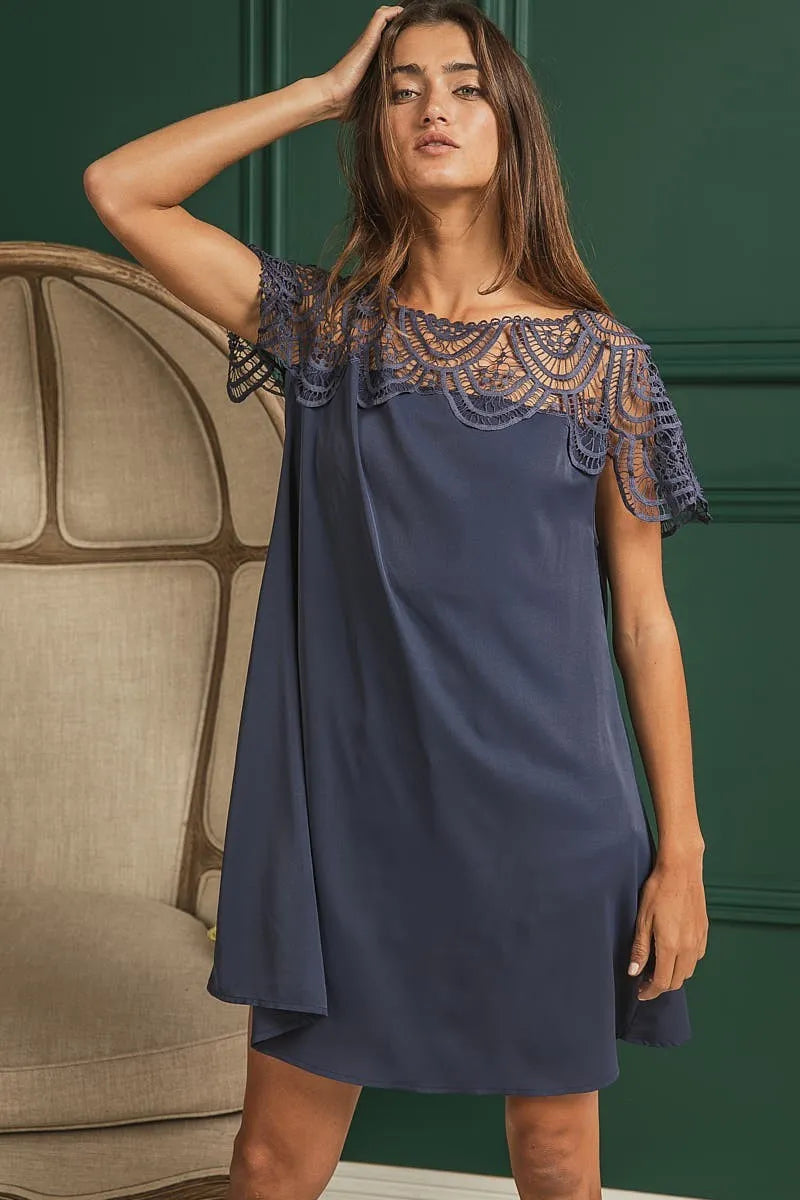 Crochet Lace Yoke Detailed Wrinkled Dress - Deep Navy - product view 2
