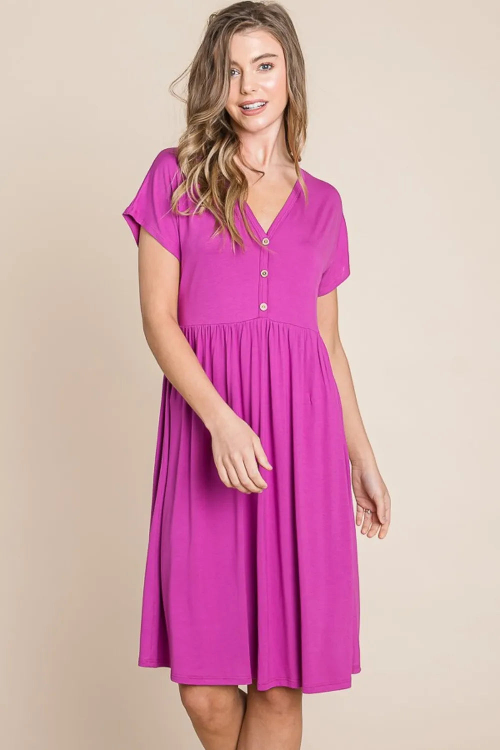 V-Neck Short Sleeve Dress - Magenta - product view 4