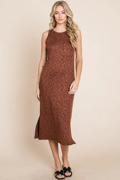 Slit Round Neck Sleeveless Midi Dress in Rust - product view 1