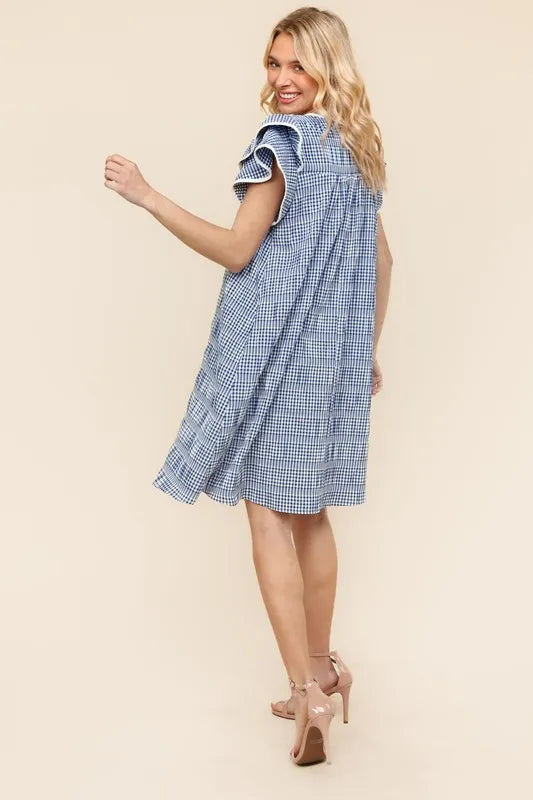 Double Ruffle Sleeve Dress with Side Pockets in Navy - product view 2