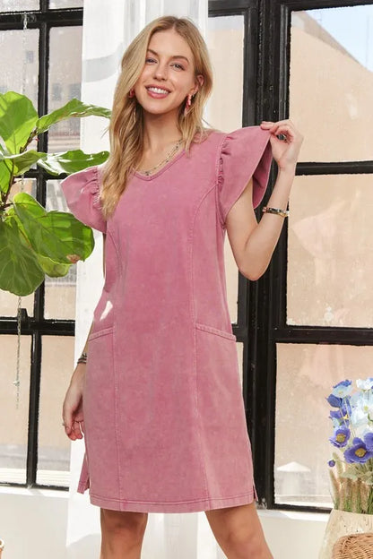 Mineral Washed V-Neck Ruffled Cap Sleeve Dress in Mauve - product view 5