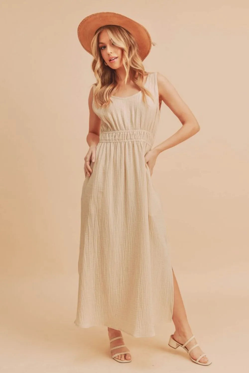 Side Slit Round Neck Sleeveless Tank Dress - Oatmeal - product view 1