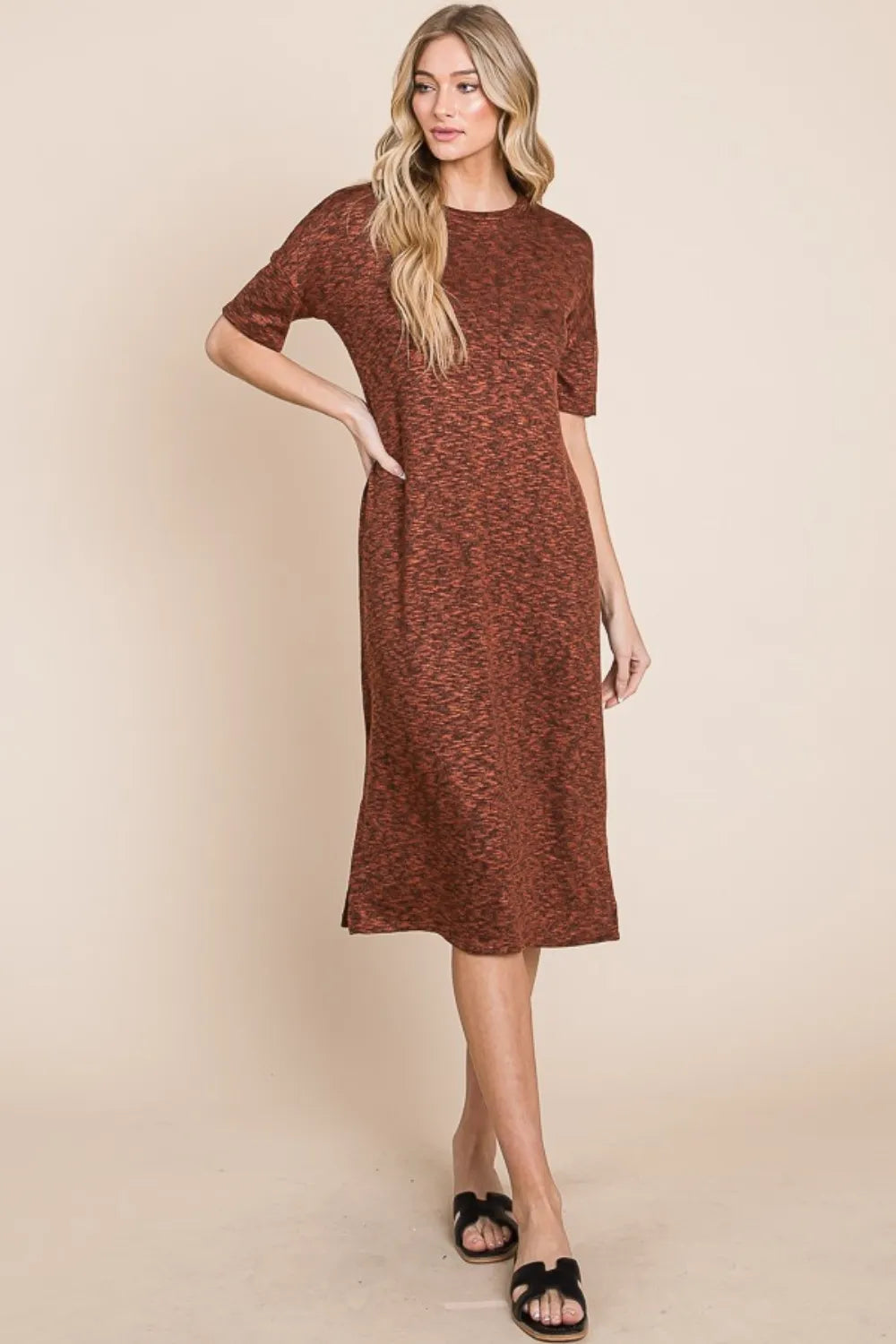 Round Neck Side Slit Midi Dress - Rust - product view 4