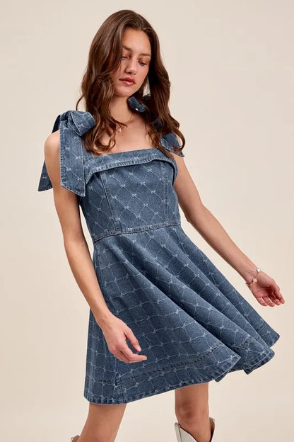 A-Line Fit and Flare Diamond Bow Ribbon Denim Dress - product view 7