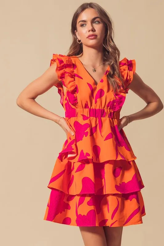 Floral V Neck Layered Dress with Elasticized Waist in Orange/Fuchsia - product view 3