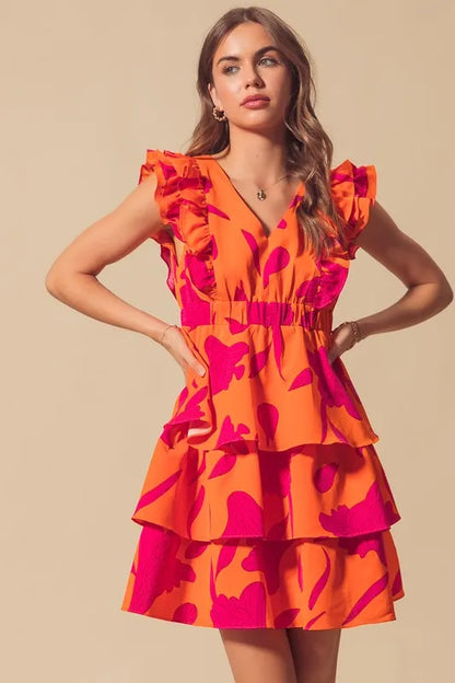 Floral V Neck Layered Dress with Elasticized Waist in Orange/Fuchsia - product view 3