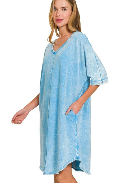 Acid-washed French Terry Tee Shirts Dress - Deep Sky - product view 2