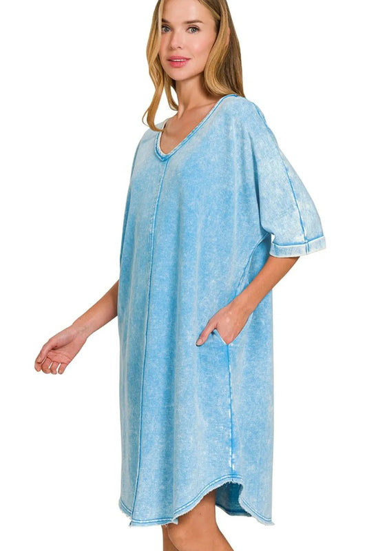 Acid-washed French Terry Tee Shirts Dress - Deep Sky - product view 2