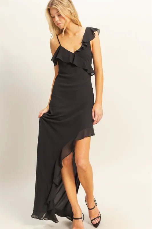 Chiffon Ruffle Trim Midi Dress - Black - product view 4