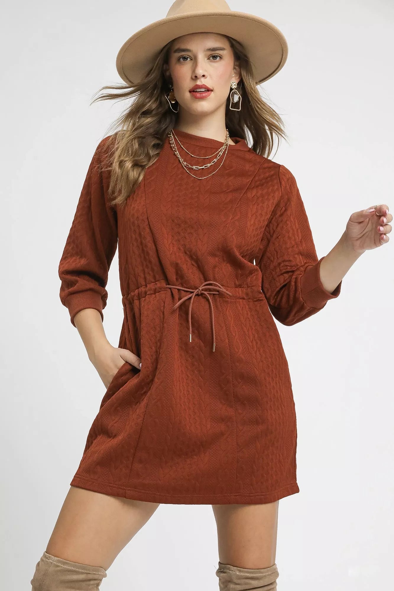 Drawstring Cable Knit Mini Dress with Pockets - Rust - product view 1