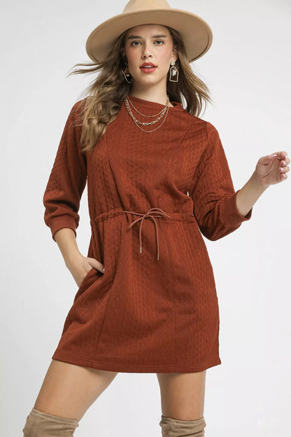Drawstring Cable Knit Mini Dress with Pockets - Rust - product view 1