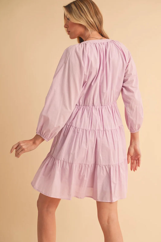 Notched Balloon Sleeve Tiered Mini Dress - Lilac - product view 2