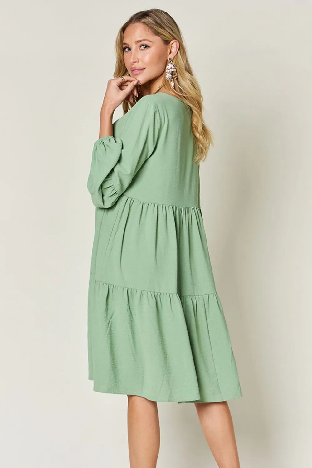 Full Size V-Neck Balloon Sleeve Tiered Dress with Pockets in Light Green, Pink and more - product view 4