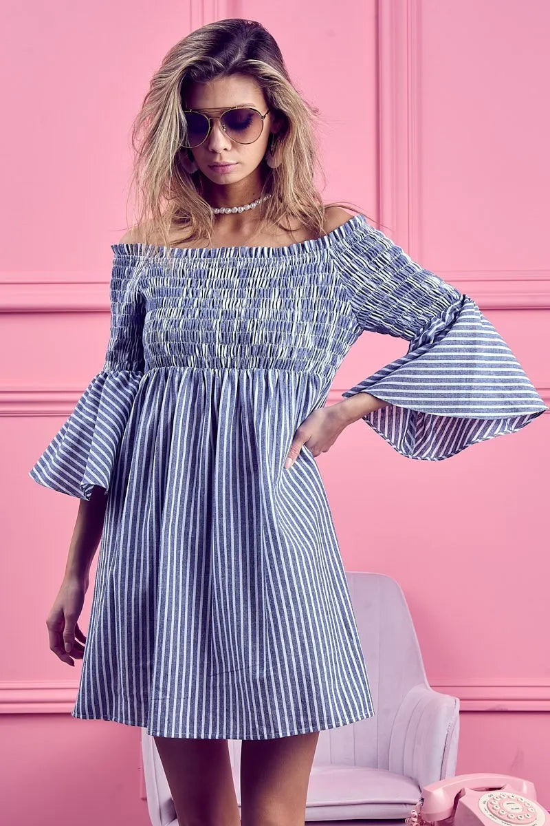 Smocked Off Shoulder Striped Dress - Denim - product view 13
