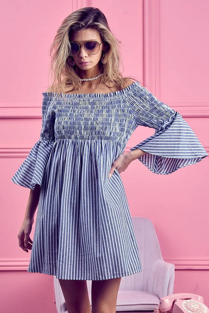 Smocked Off Shoulder Striped Dress - Denim - product view 13