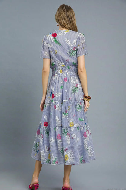 Smocked Waist Floral Short Sleeve Midi Dress in Light Blue - product view 4