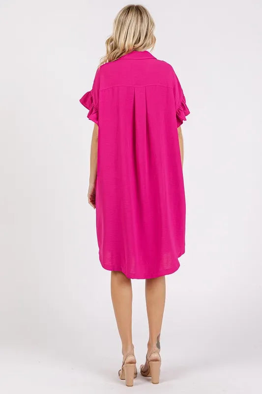 Button Down Flounce Sleeve Dress with Pockets - Fuchsia Pink - product view 2