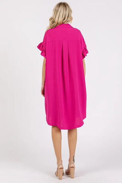 Button Down Flounce Sleeve Dress with Pockets - Fuchsia Pink - product view 2