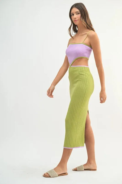 Ribbed Knit Color Block Cutout Midi Dress - Lime - product view 7