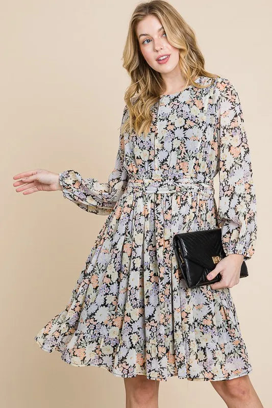 Chiffon Floral Print Belted Dress with Back Zipper - Black Floral - product view 4