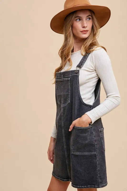 Wide Strap Denim Overall Dress with Pockets - Black - product view 2