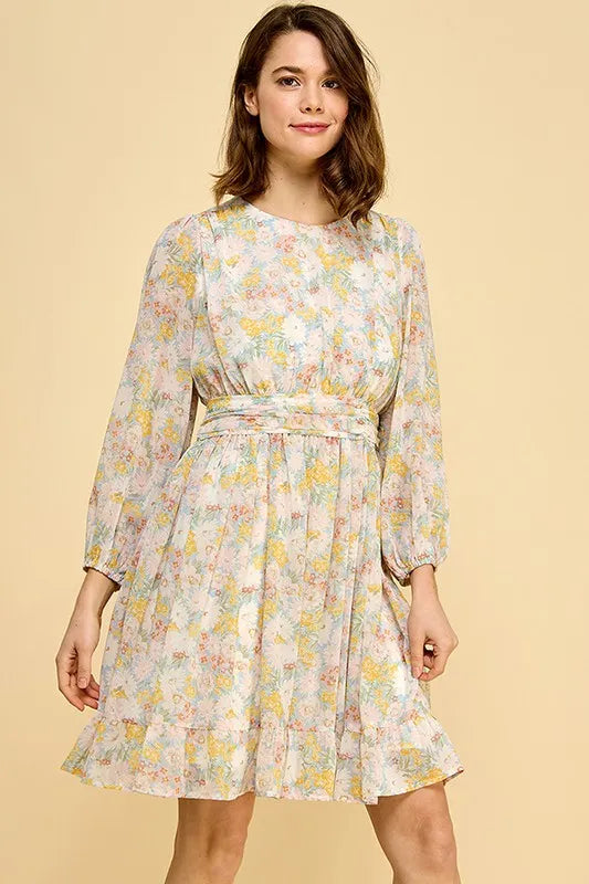 Chiffon Floral Print Belted Dress with Back Zipper - Blue Floral - product view 4