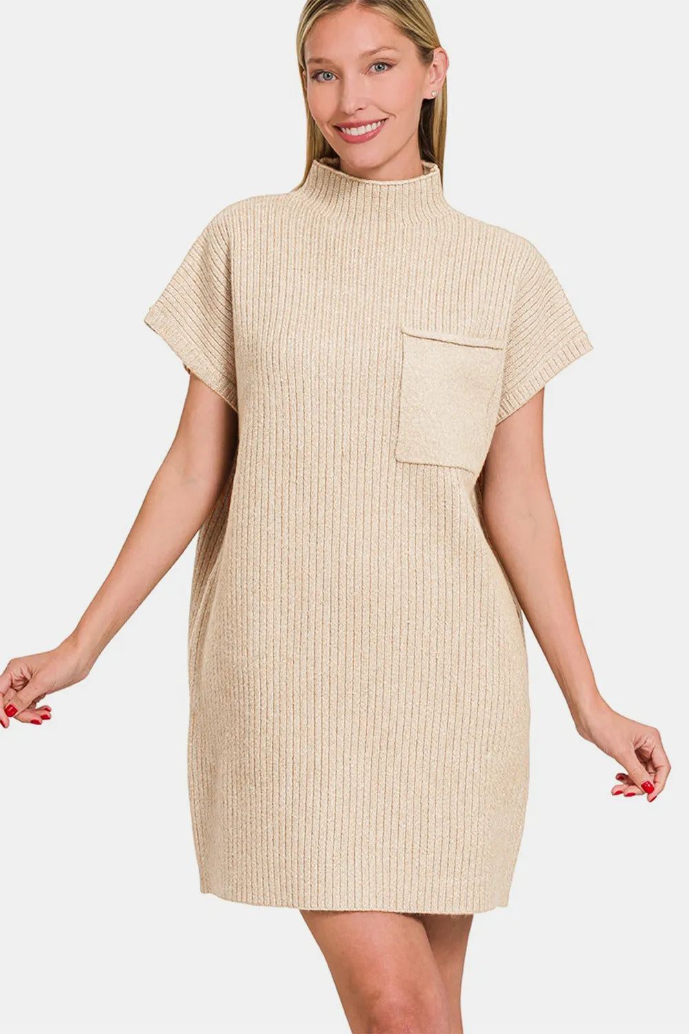 Short Sleeve Sweater Mini Dress - Sand Beige - product view 3