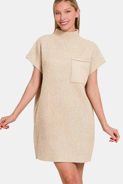 Short Sleeve Sweater Mini Dress - Sand Beige - product view 3