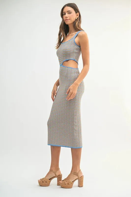 Multi Color Chevron Knit Bodycon Midi Dress in Aqua - product view 7