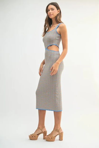 Multi Color Chevron Knit Bodycon Midi Dress in Aqua - product view 7