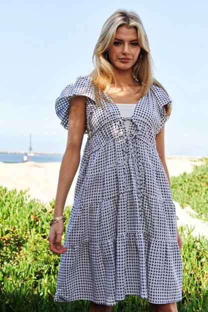 Jacquard V-Neck Flutter Cap Sleeve Tiered Dress in Black Ivory - product view 1