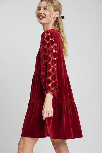 Dotted Lace Sleeve Tiered Velvet Mini Dress - Burgundy - product view 3