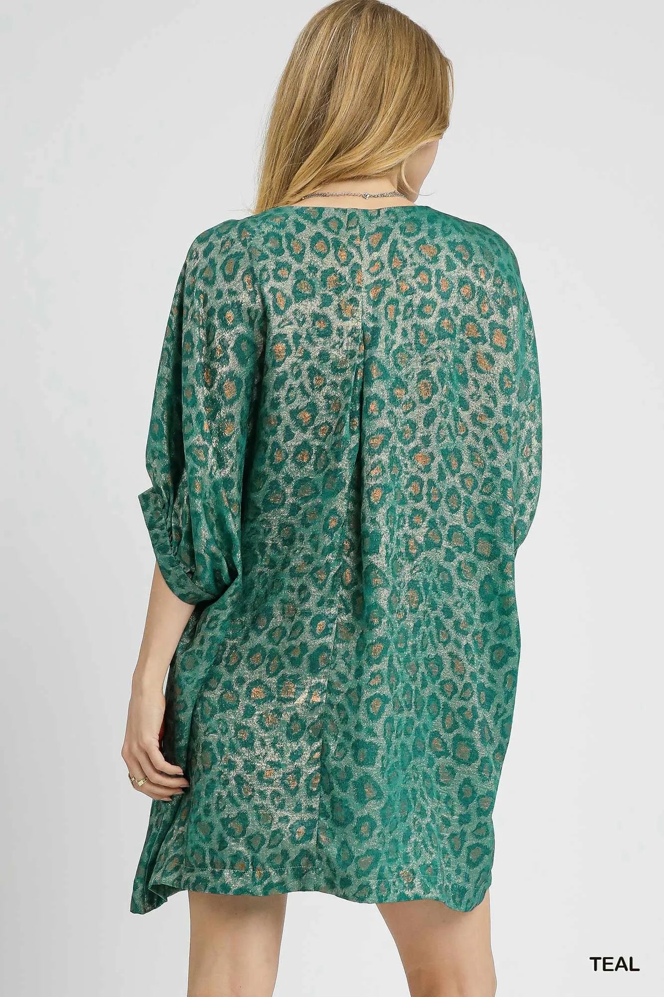 Metallic Leopard Print V-Neck Kimono Dress - Teal - product view 3